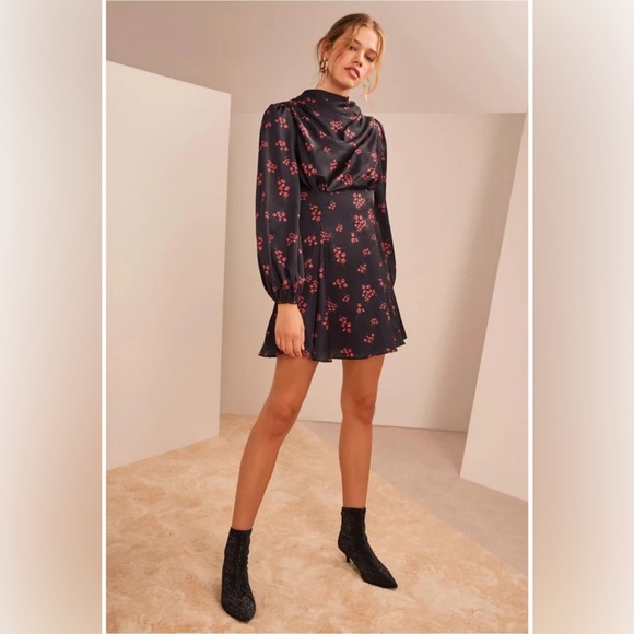 Keepsake Infinity Long Sleeve Satin Mini Dress Black with Pomegranate Ditsy Size - Picture 2 of 14